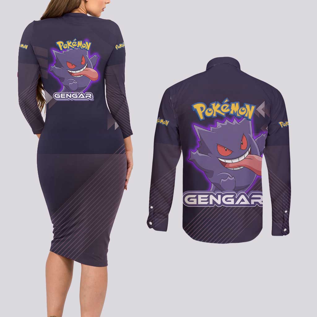 Gengar Poké Couples Matching Long Sleeve Bodycon Dress and Long Sleeve Button Shirt Neon Shadow Anime Glow Style