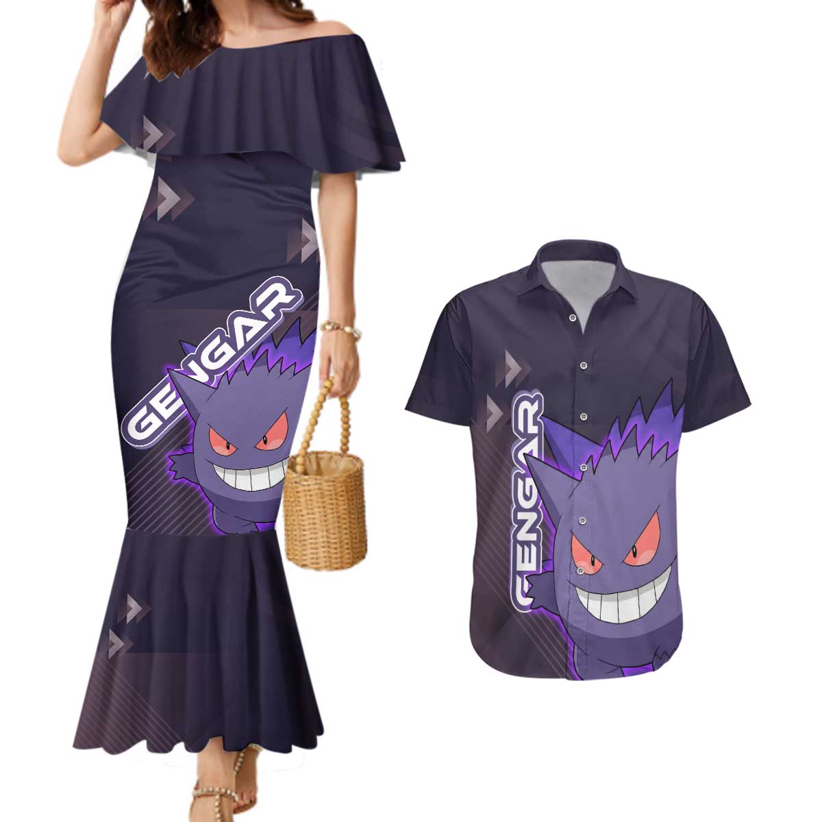 Gengar Poké Couples Matching Mermaid Dress and Hawaiian Shirt Neon Shadow Anime Glow Style