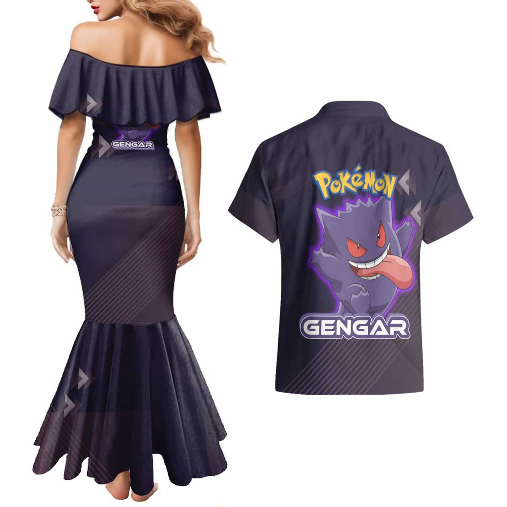 Gengar Poké Couples Matching Mermaid Dress and Hawaiian Shirt Neon Shadow Anime Glow Style