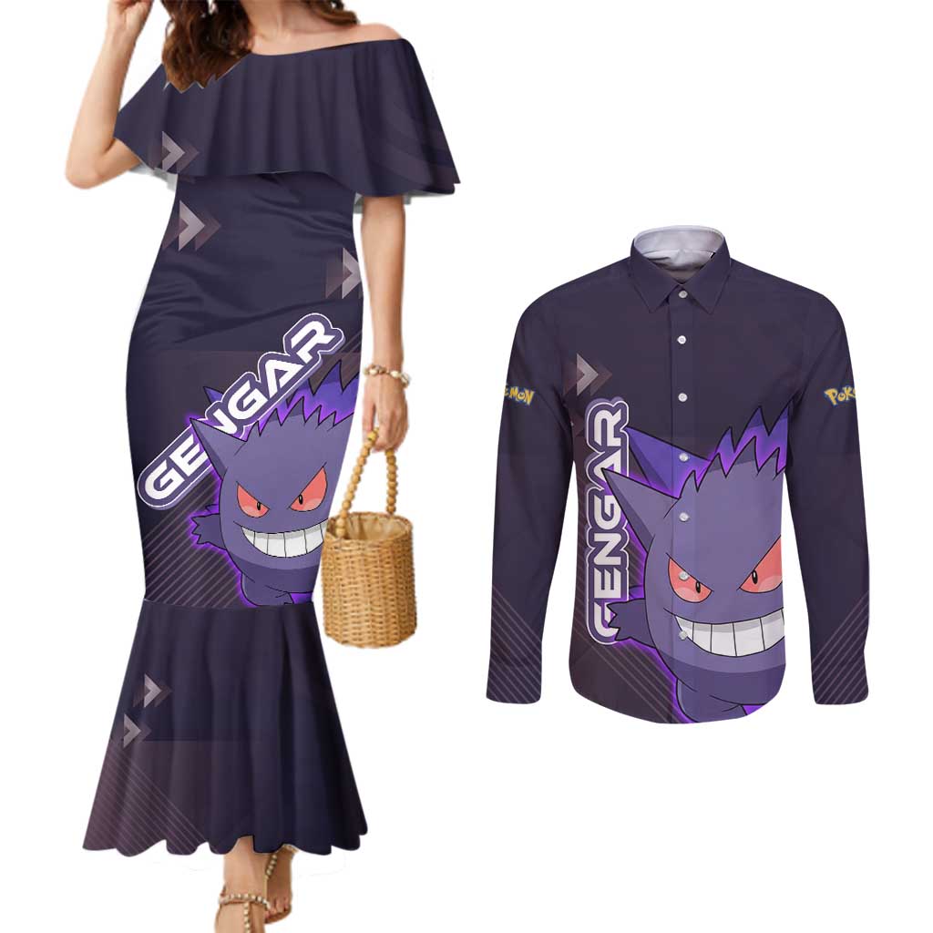 Gengar Poké Couples Matching Mermaid Dress and Long Sleeve Button Shirt Neon Shadow Anime Glow Style