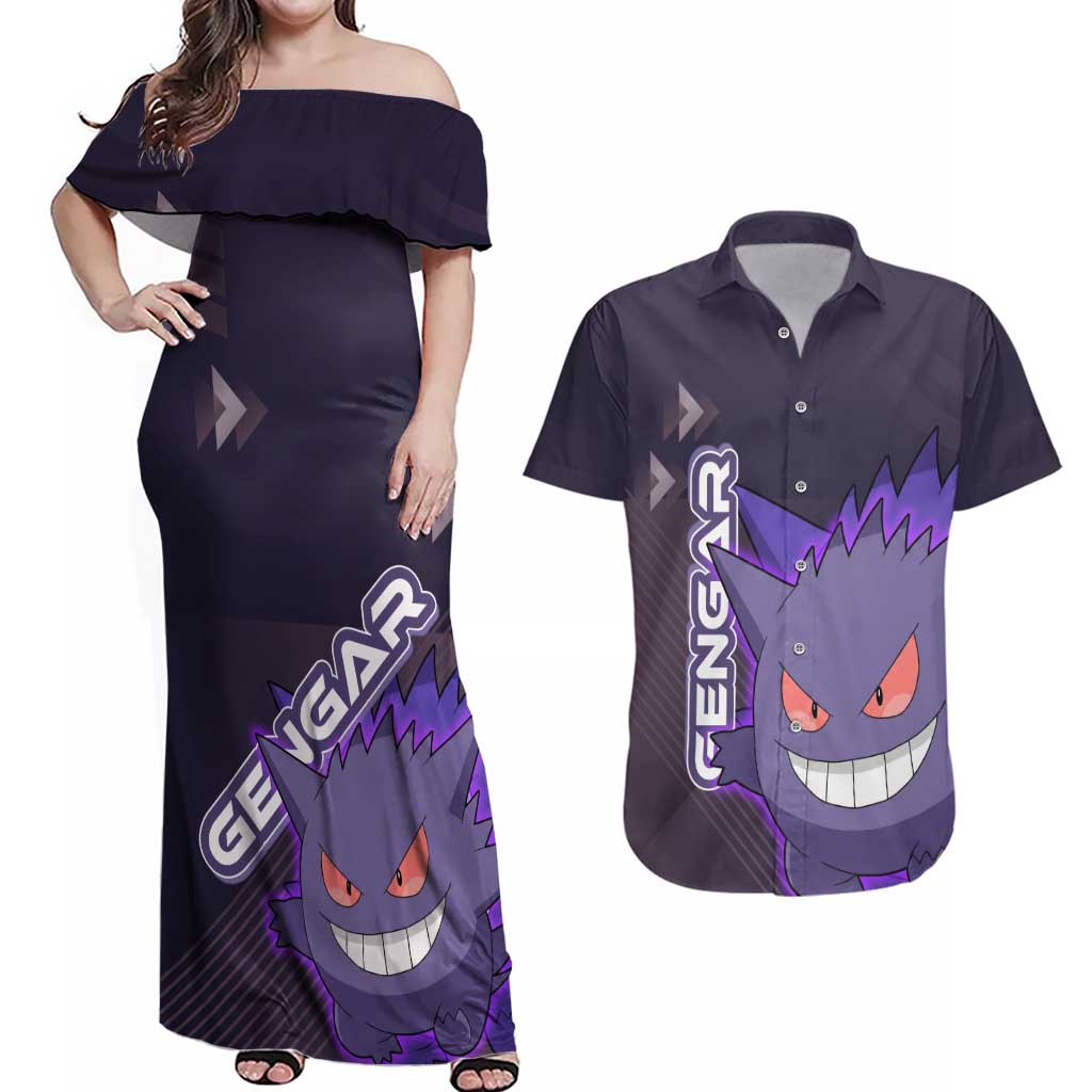 Gengar Poké Couples Matching Off Shoulder Maxi Dress and Hawaiian Shirt Neon Shadow Anime Glow Style
