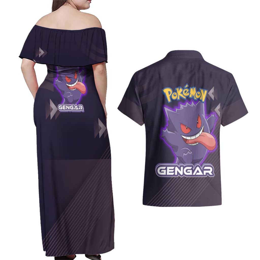 Gengar Poké Couples Matching Off Shoulder Maxi Dress and Hawaiian Shirt Neon Shadow Anime Glow Style