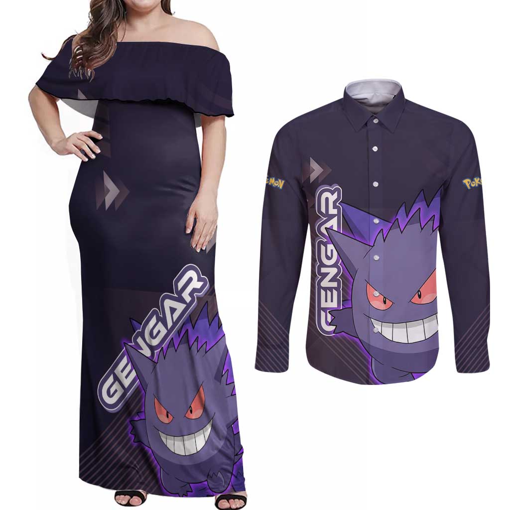 Gengar Poké Couples Matching Off Shoulder Maxi Dress and Long Sleeve Button Shirt Neon Shadow Anime Glow Style