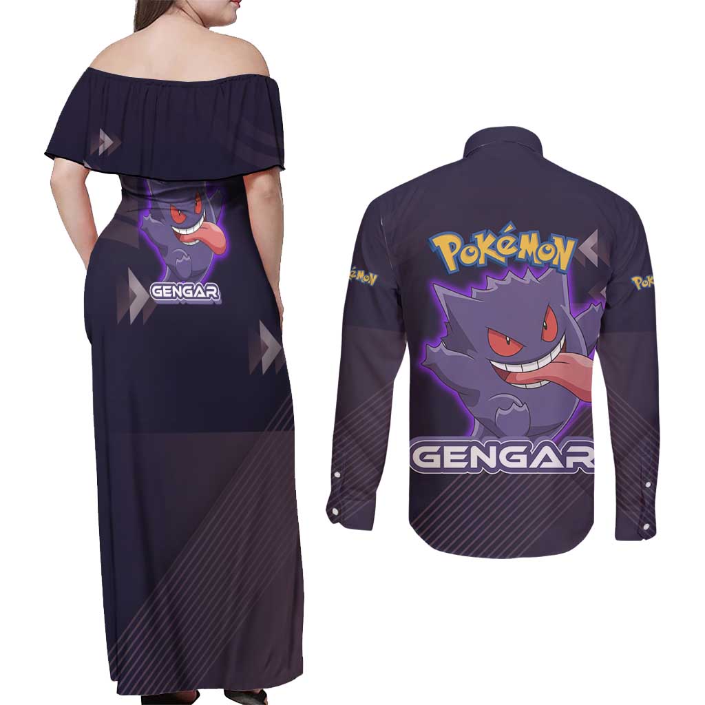 Gengar Poké Couples Matching Off Shoulder Maxi Dress and Long Sleeve Button Shirt Neon Shadow Anime Glow Style
