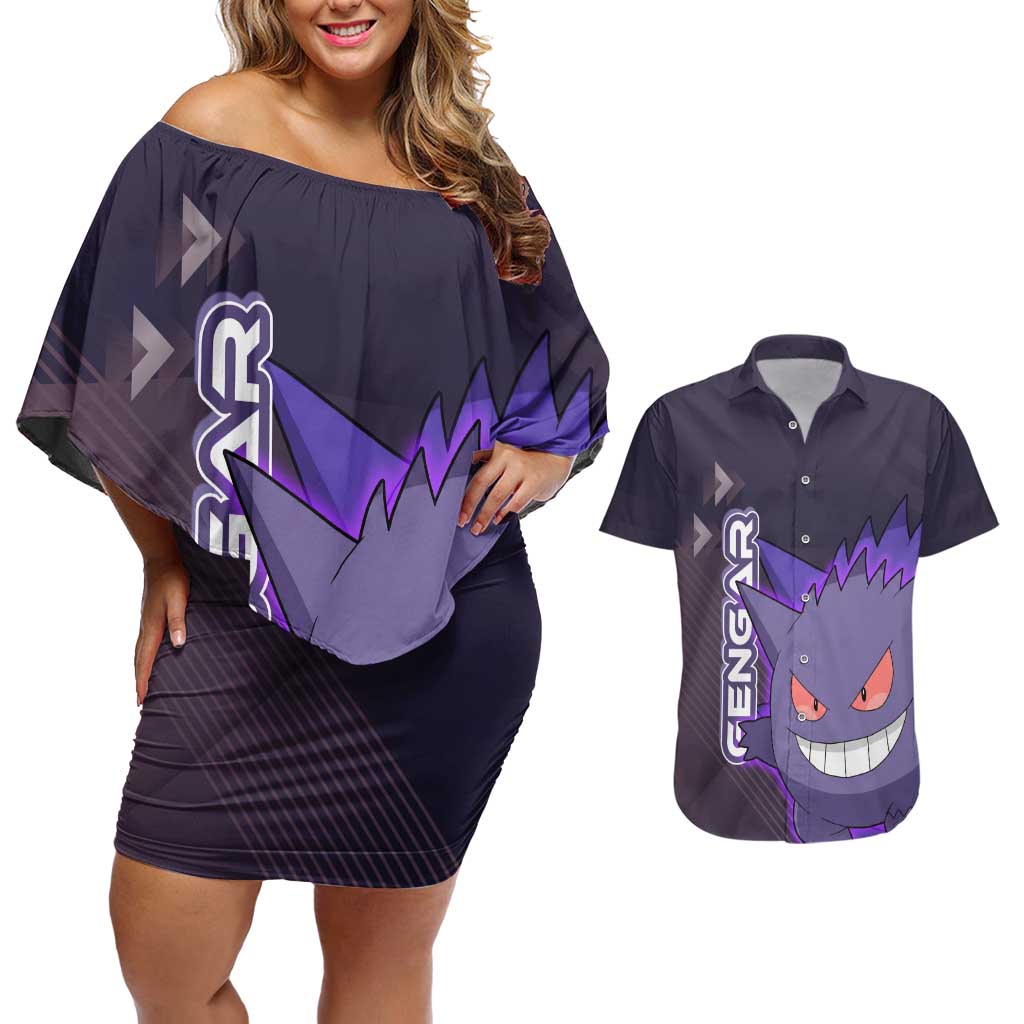 Gengar Poké Couples Matching Off Shoulder Short Dress and Hawaiian Shirt Neon Shadow Anime Glow Style