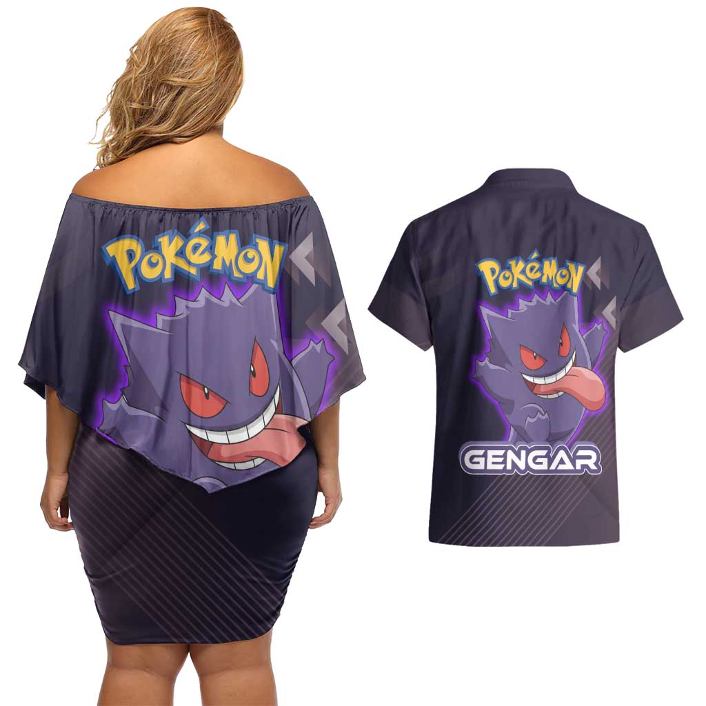 Gengar Poké Couples Matching Off Shoulder Short Dress and Hawaiian Shirt Neon Shadow Anime Glow Style