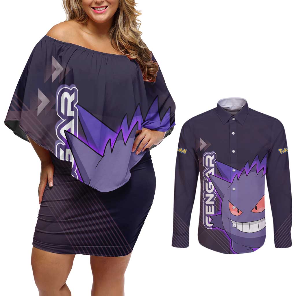 Gengar Poké Couples Matching Off Shoulder Short Dress and Long Sleeve Button Shirt Neon Shadow Anime Glow Style