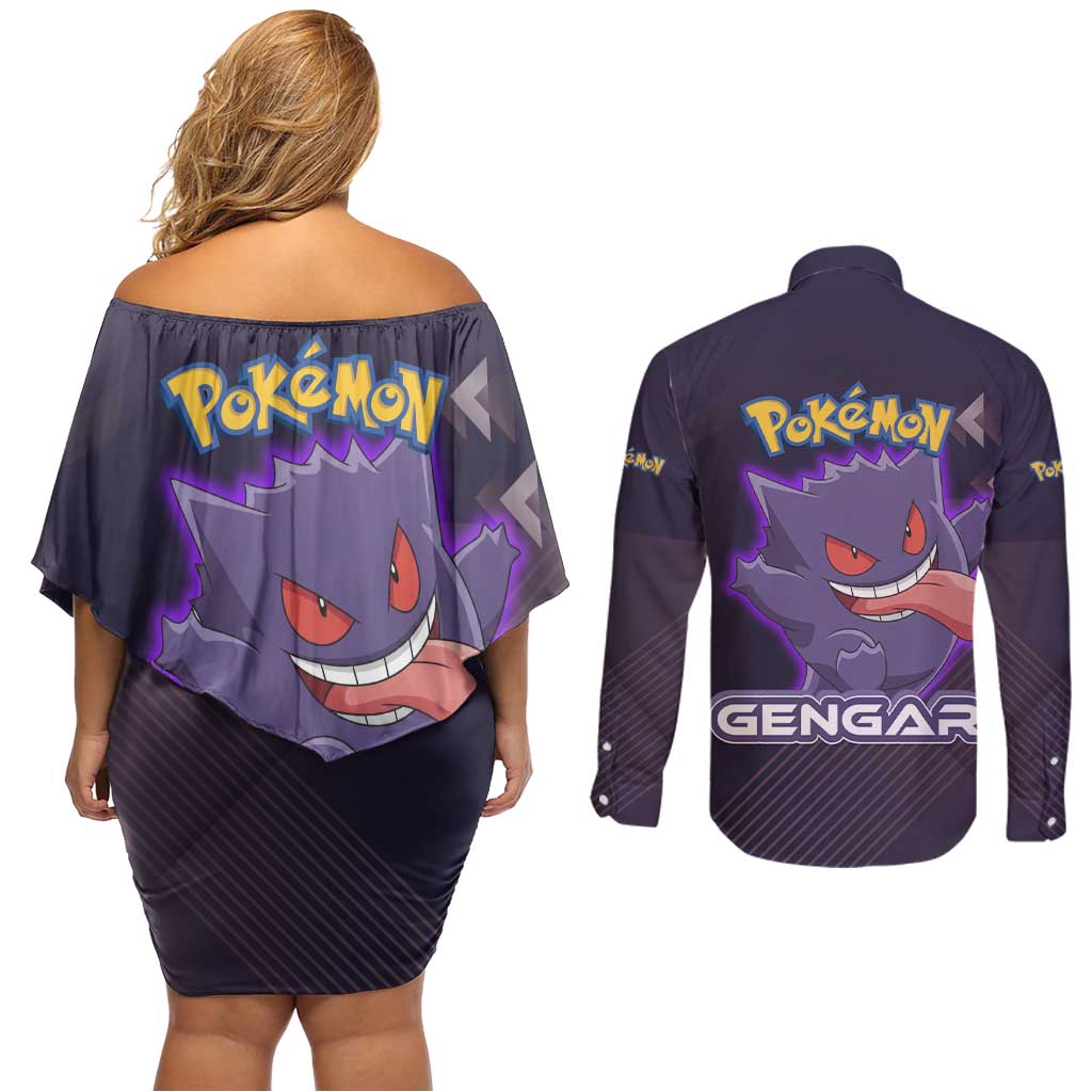 Gengar Poké Couples Matching Off Shoulder Short Dress and Long Sleeve Button Shirt Neon Shadow Anime Glow Style