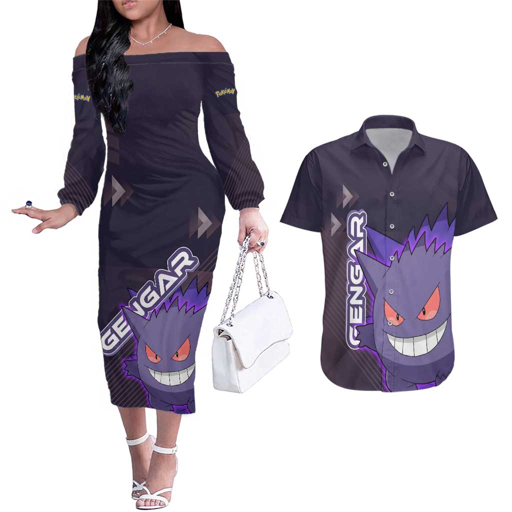 Gengar Poké Couples Matching Off The Shoulder Long Sleeve Dress and Hawaiian Shirt Neon Shadow Anime Glow Style