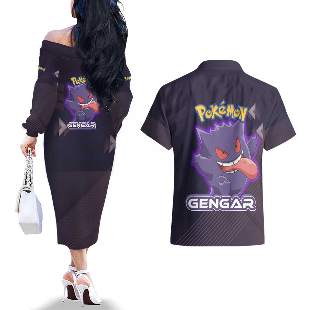 Gengar Poké Couples Matching Off The Shoulder Long Sleeve Dress and Hawaiian Shirt Neon Shadow Anime Glow Style