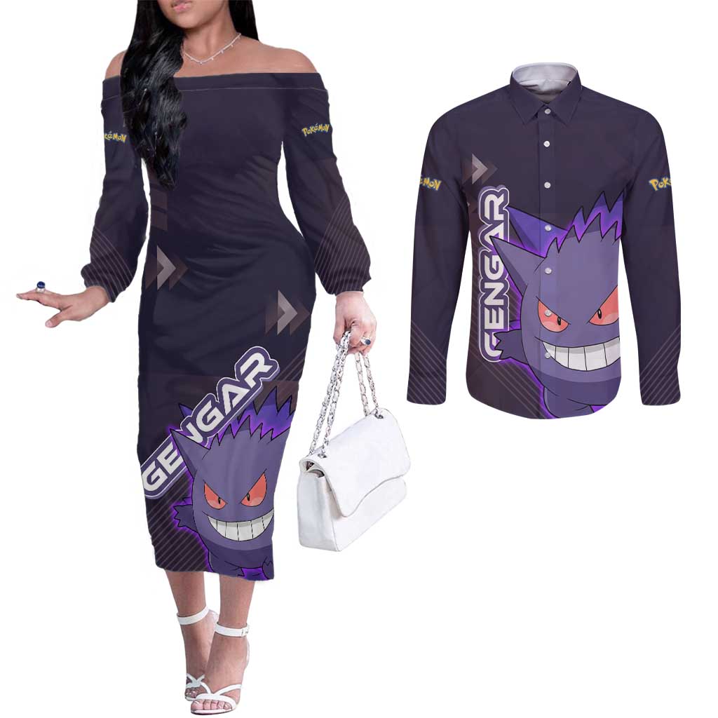Gengar Poké Couples Matching Off The Shoulder Long Sleeve Dress and Long Sleeve Button Shirt Neon Shadow Anime Glow Style