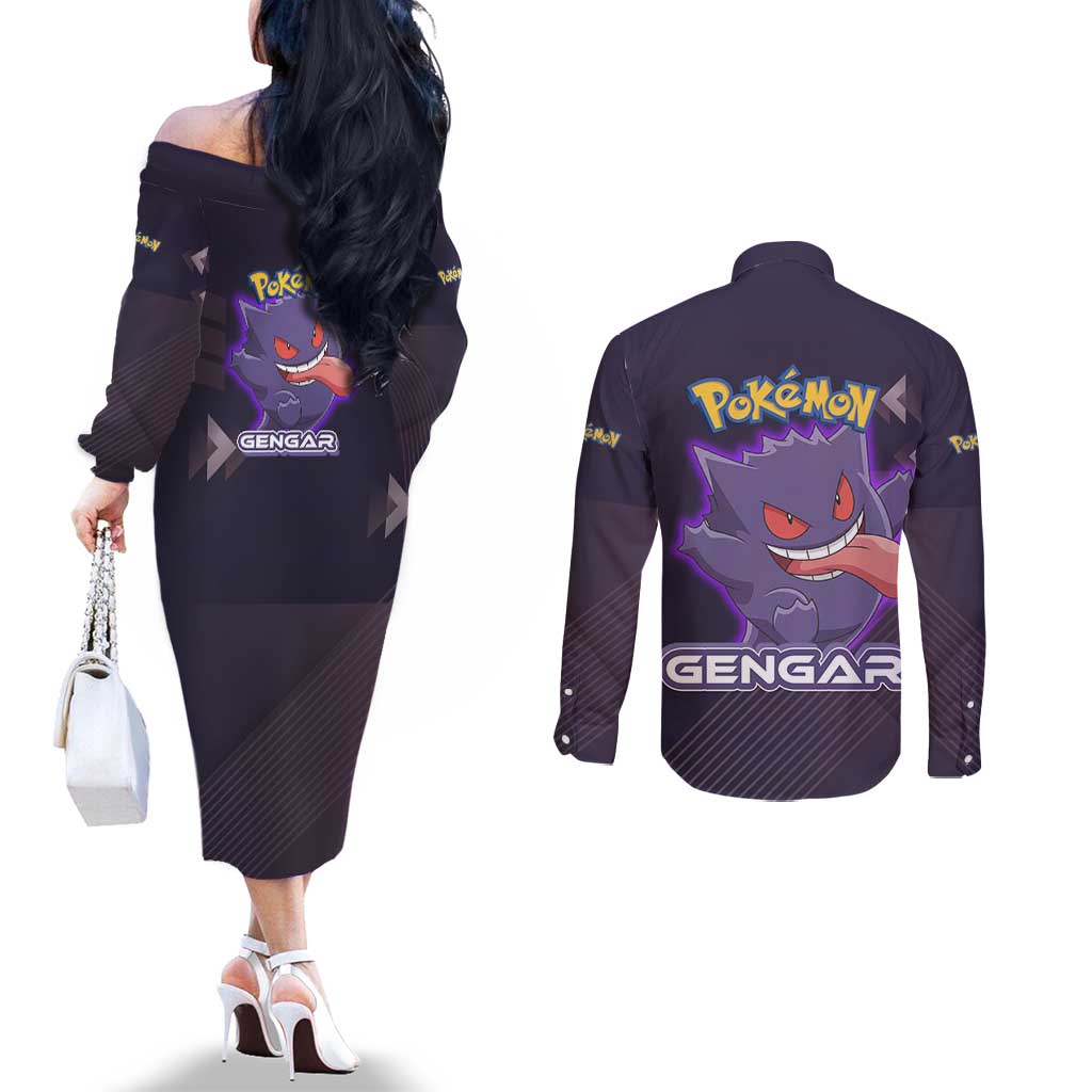 Gengar Poké Couples Matching Off The Shoulder Long Sleeve Dress and Long Sleeve Button Shirt Neon Shadow Anime Glow Style