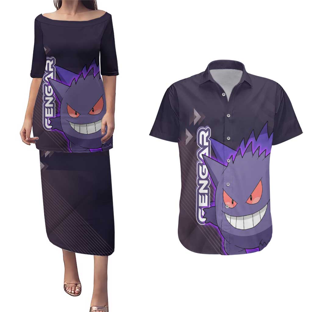 Gengar Poké Couples Matching Puletasi and Hawaiian Shirt Neon Shadow Anime Glow Style