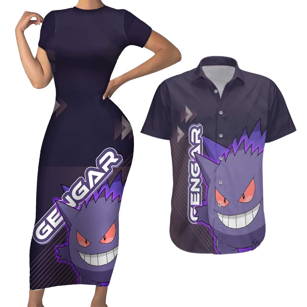 Gengar Poké Couples Matching Short Sleeve Bodycon Dress and Hawaiian Shirt Neon Shadow Anime Glow Style