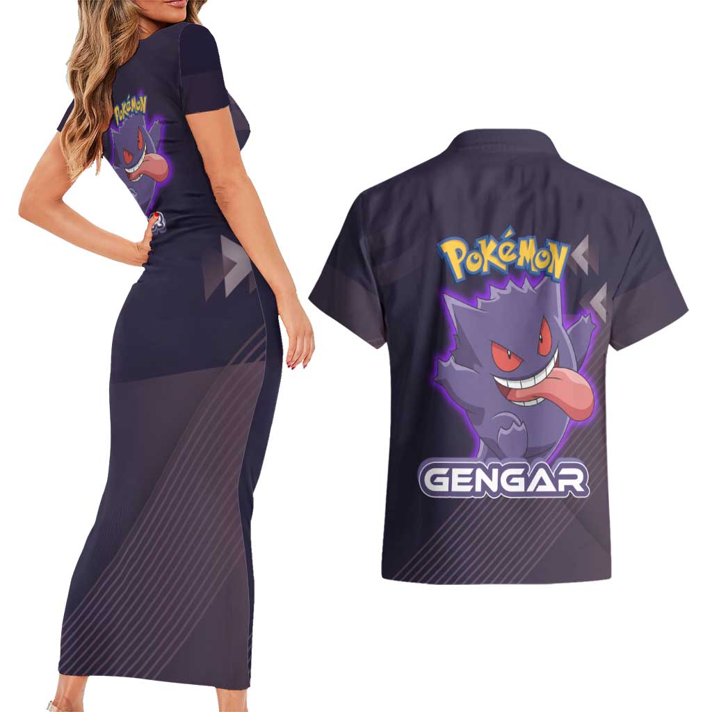 Gengar Poké Couples Matching Short Sleeve Bodycon Dress and Hawaiian Shirt Neon Shadow Anime Glow Style