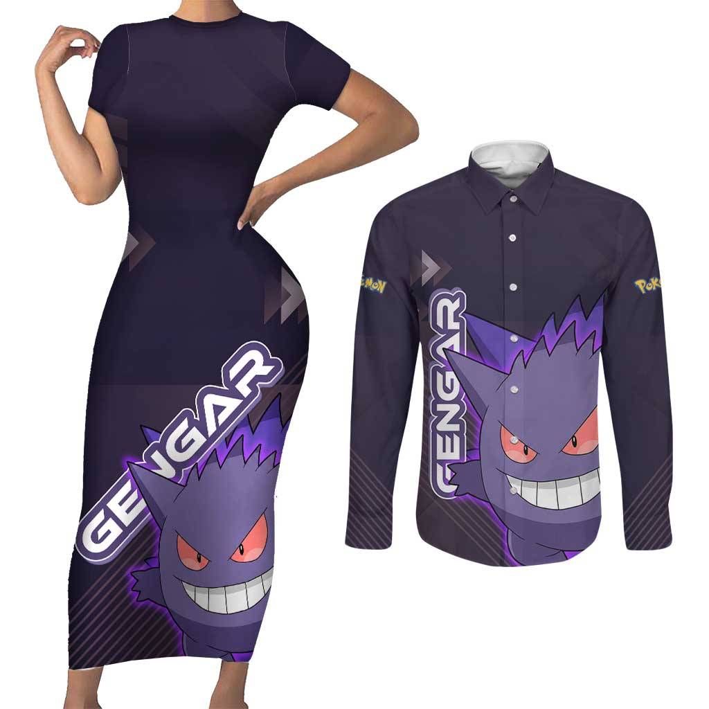 Gengar Poké Couples Matching Short Sleeve Bodycon Dress and Long Sleeve Button Shirt Neon Shadow Anime Glow Style