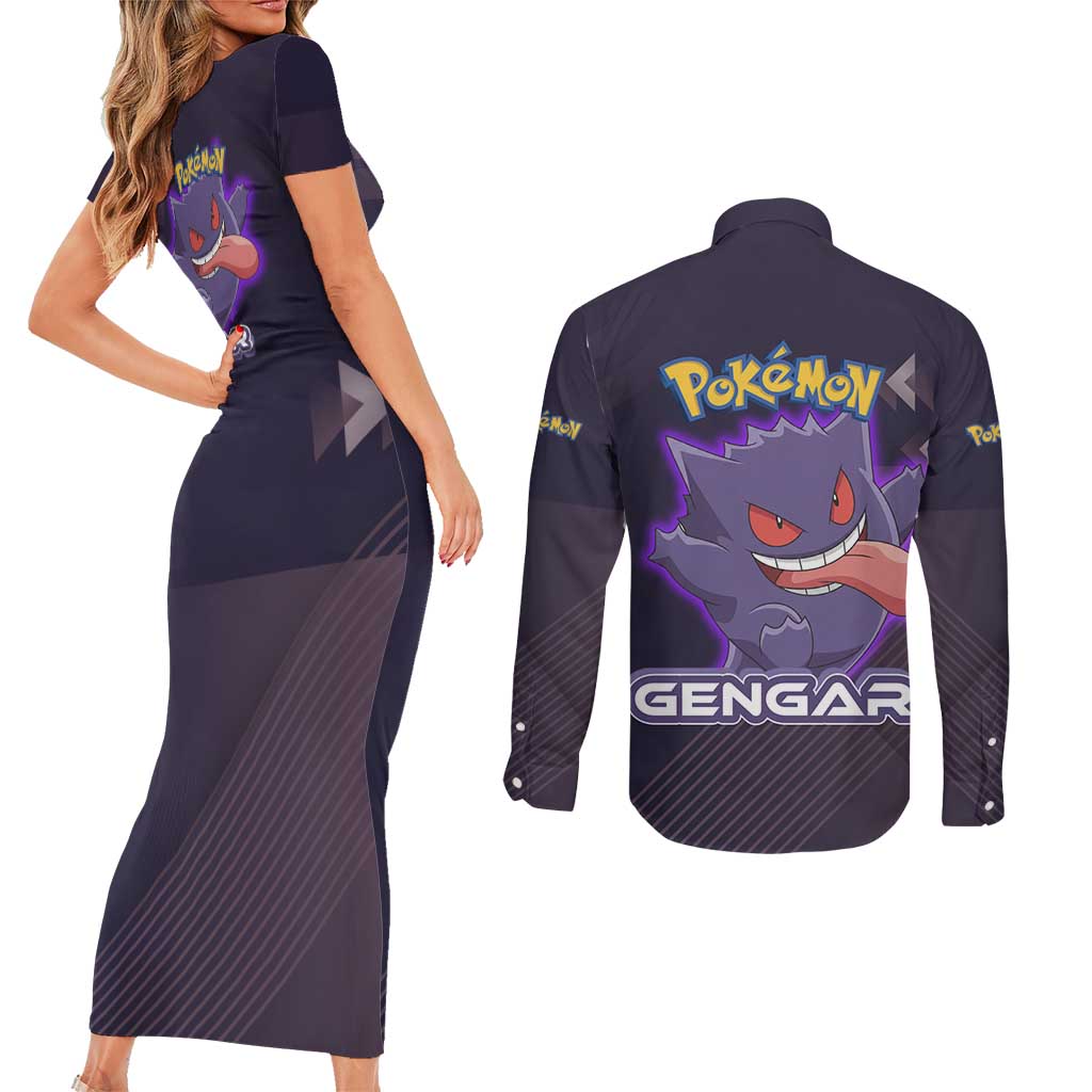 Gengar Poké Couples Matching Short Sleeve Bodycon Dress and Long Sleeve Button Shirt Neon Shadow Anime Glow Style