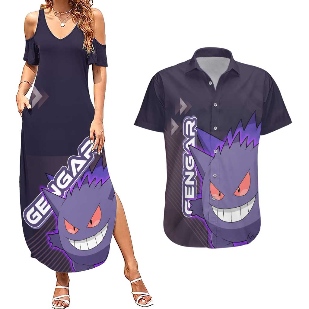 Gengar Poké Couples Matching Summer Maxi Dress and Hawaiian Shirt Neon Shadow Anime Glow Style
