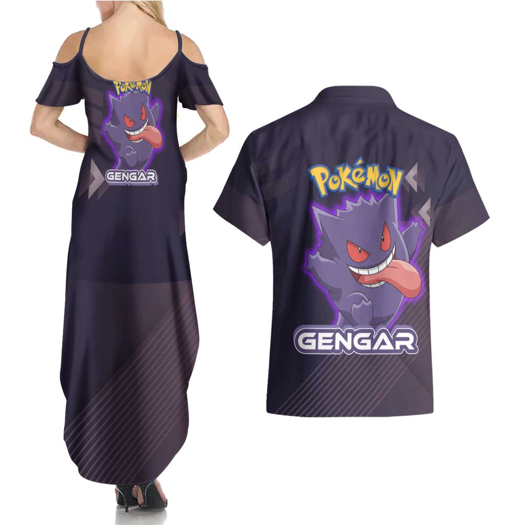 Gengar Poké Couples Matching Summer Maxi Dress and Hawaiian Shirt Neon Shadow Anime Glow Style