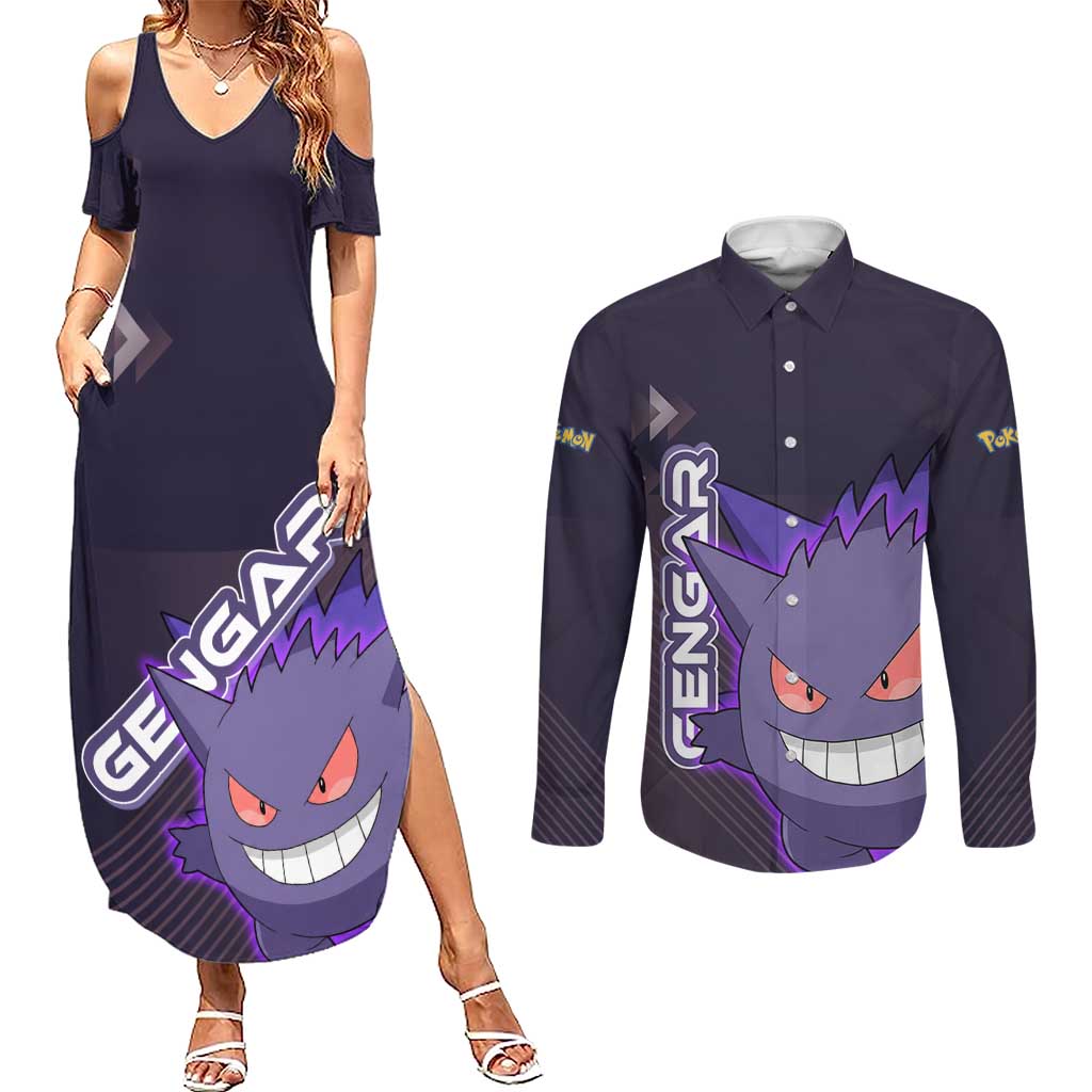 Gengar Poké Couples Matching Summer Maxi Dress and Long Sleeve Button Shirt Neon Shadow Anime Glow Style