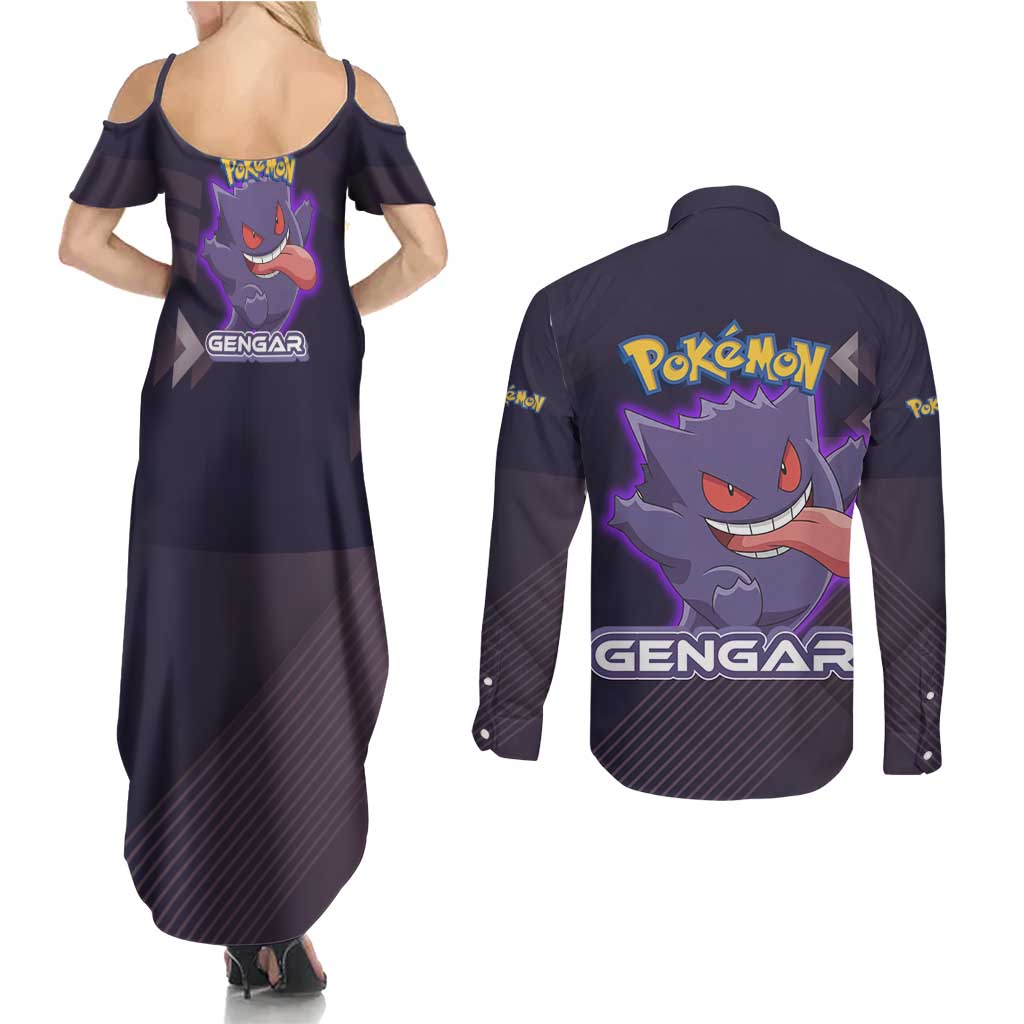 Gengar Poké Couples Matching Summer Maxi Dress and Long Sleeve Button Shirt Neon Shadow Anime Glow Style