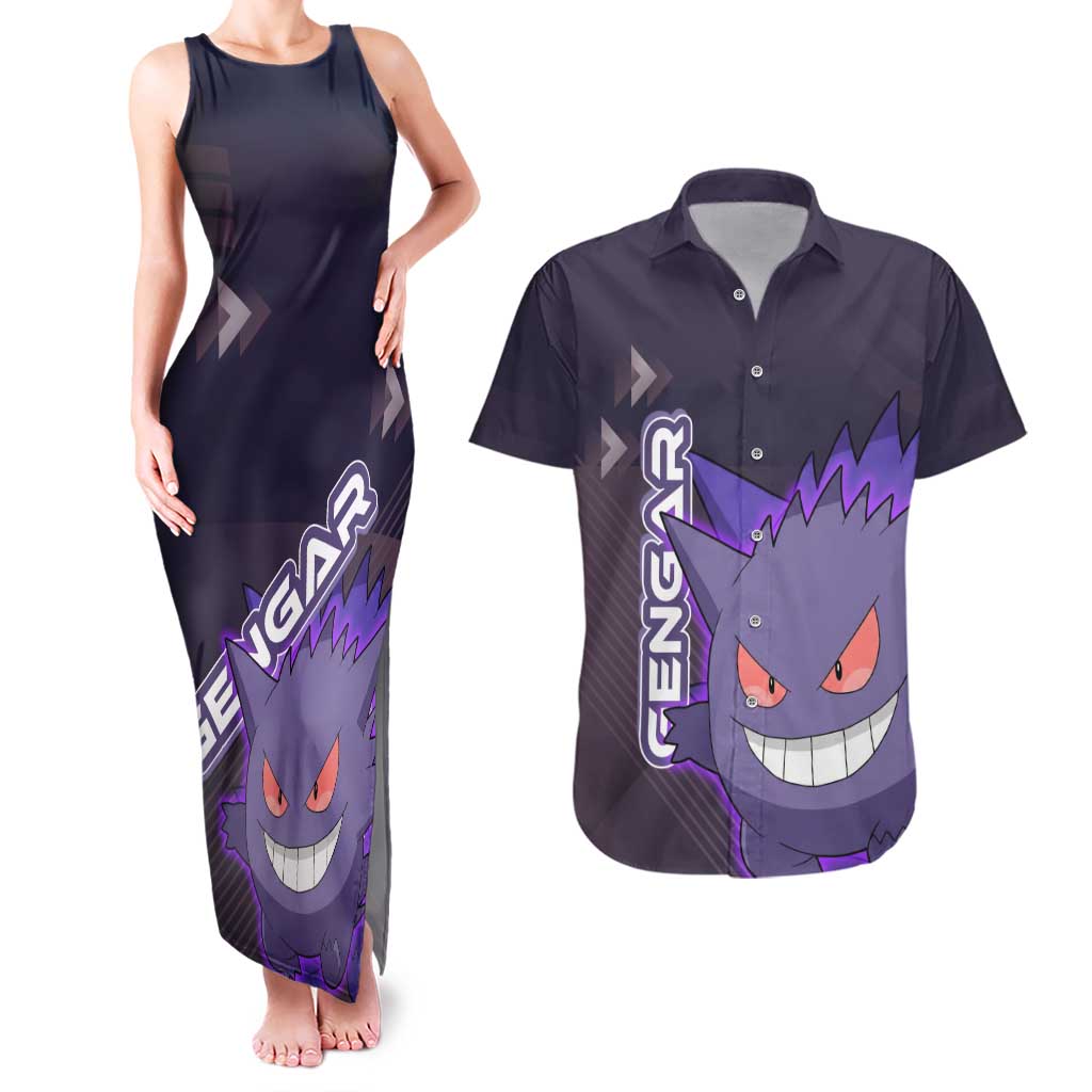 Gengar Poké Couples Matching Tank Maxi Dress and Hawaiian Shirt Neon Shadow Anime Glow Style