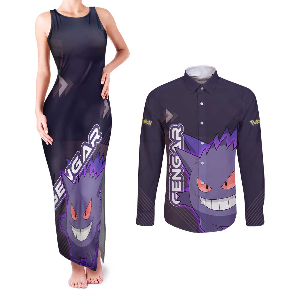 Gengar Poké Couples Matching Tank Maxi Dress and Long Sleeve Button Shirt Neon Shadow Anime Glow Style