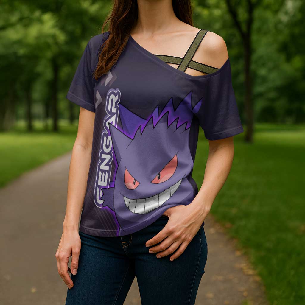 Gengar Poké Cross Shoulder Shirt Neon Shadow Anime Glow Style