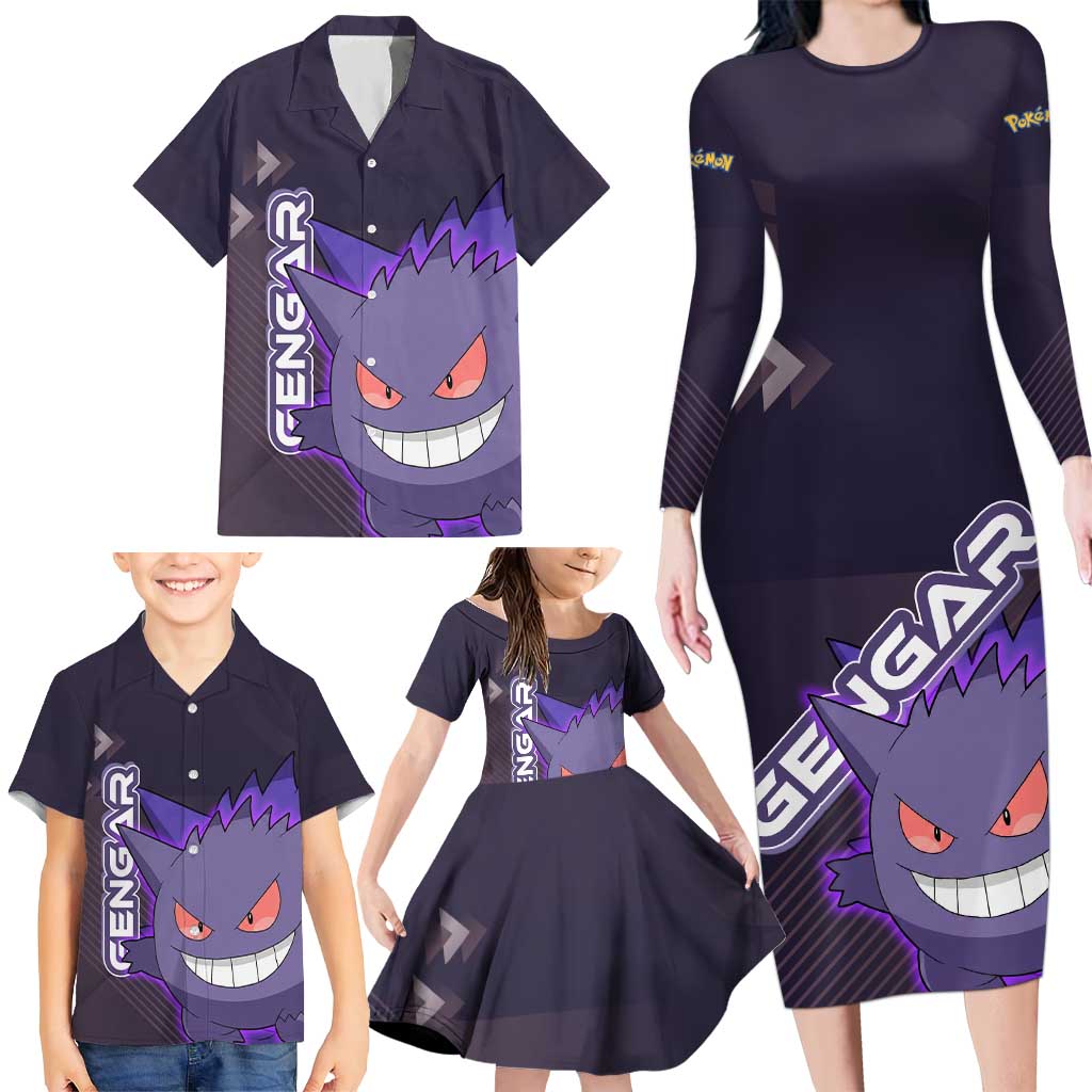 Gengar Poké Family Matching Long Sleeve Bodycon Dress and Hawaiian Shirt Neon Shadow Anime Glow Style