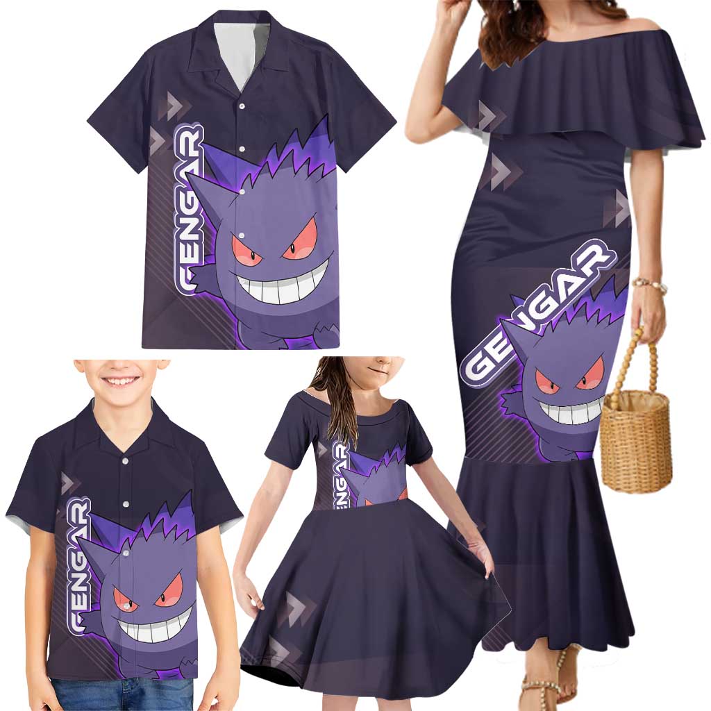 Gengar Poké Family Matching Mermaid Dress and Hawaiian Shirt Neon Shadow Anime Glow Style