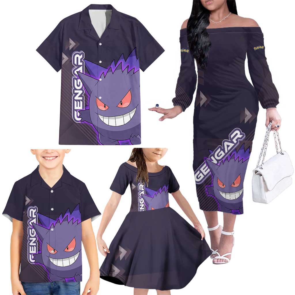 Gengar Poké Family Matching Off The Shoulder Long Sleeve Dress and Hawaiian Shirt Neon Shadow Anime Glow Style