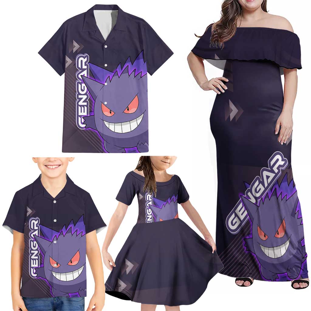 Gengar Poké Family Matching Off Shoulder Maxi Dress and Hawaiian Shirt Neon Shadow Anime Glow Style