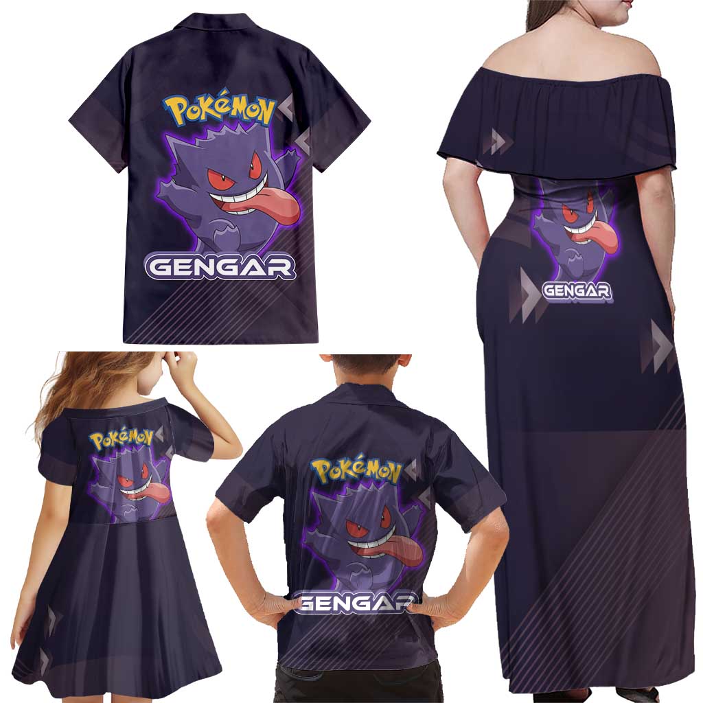 Gengar Poké Family Matching Off Shoulder Maxi Dress and Hawaiian Shirt Neon Shadow Anime Glow Style