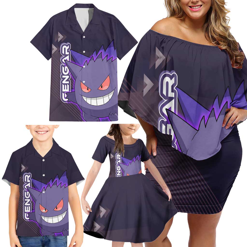 Gengar Poké Family Matching Off Shoulder Short Dress and Hawaiian Shirt Neon Shadow Anime Glow Style