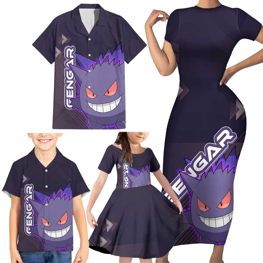 Gengar Poké Family Matching Short Sleeve Bodycon Dress and Hawaiian Shirt Neon Shadow Anime Glow Style