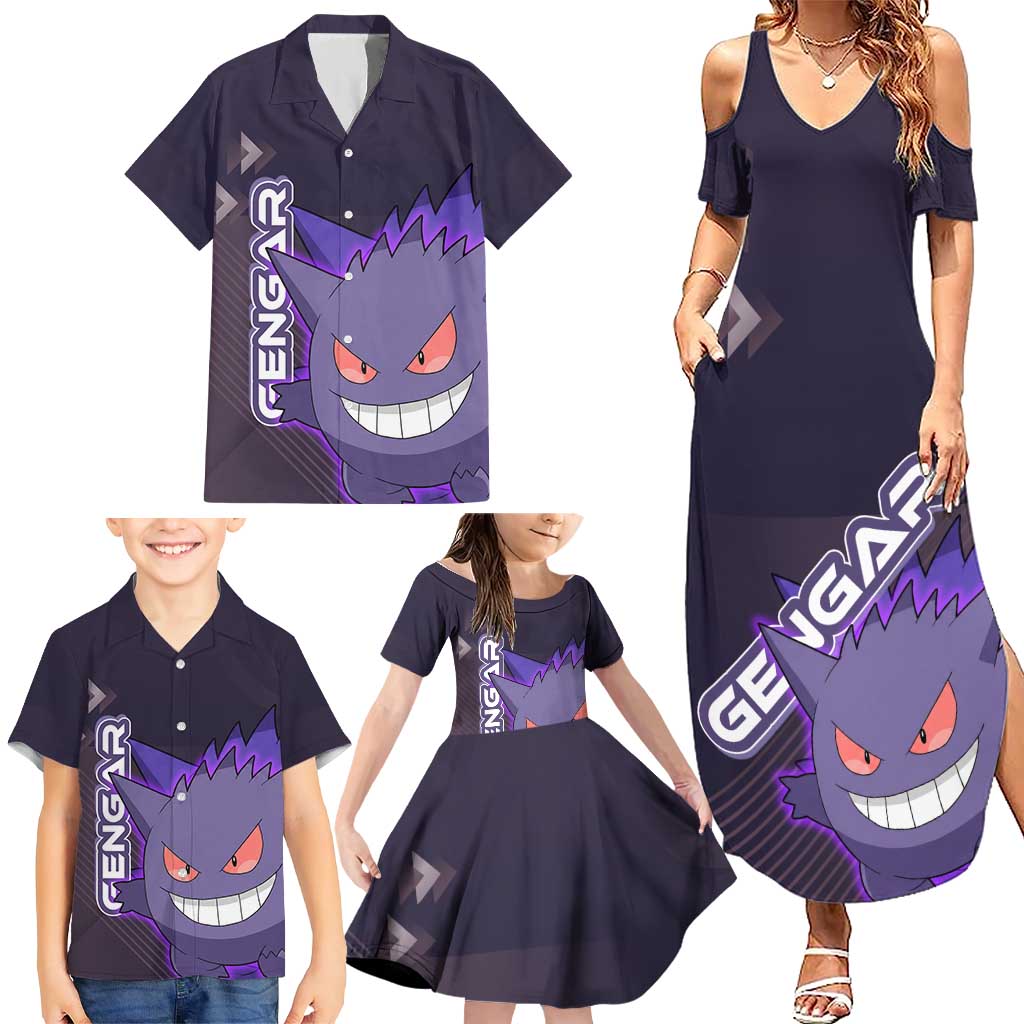 Gengar Poké Family Matching Summer Maxi Dress and Hawaiian Shirt Neon Shadow Anime Glow Style