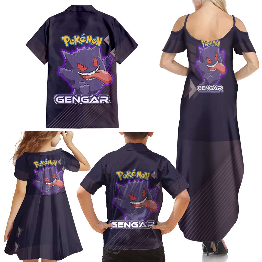 Gengar Poké Family Matching Summer Maxi Dress and Hawaiian Shirt Neon Shadow Anime Glow Style