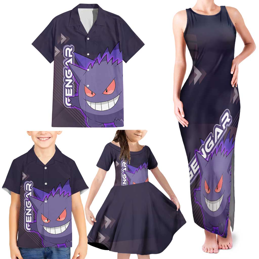 Gengar Poké Family Matching Tank Maxi Dress and Hawaiian Shirt Neon Shadow Anime Glow Style