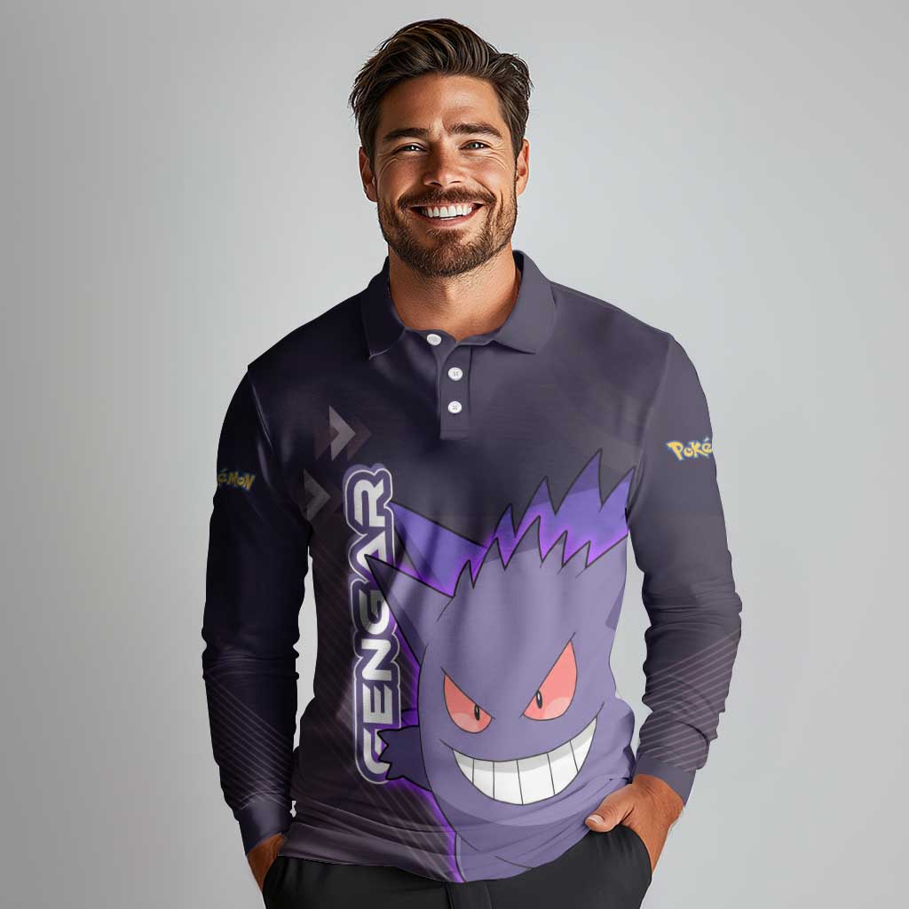 Gengar Poké Long Sleeve Polo Shirt Neon Shadow Anime Glow Style