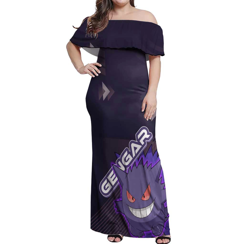 Gengar Poké Off Shoulder Maxi Dress Neon Shadow Anime Glow Style