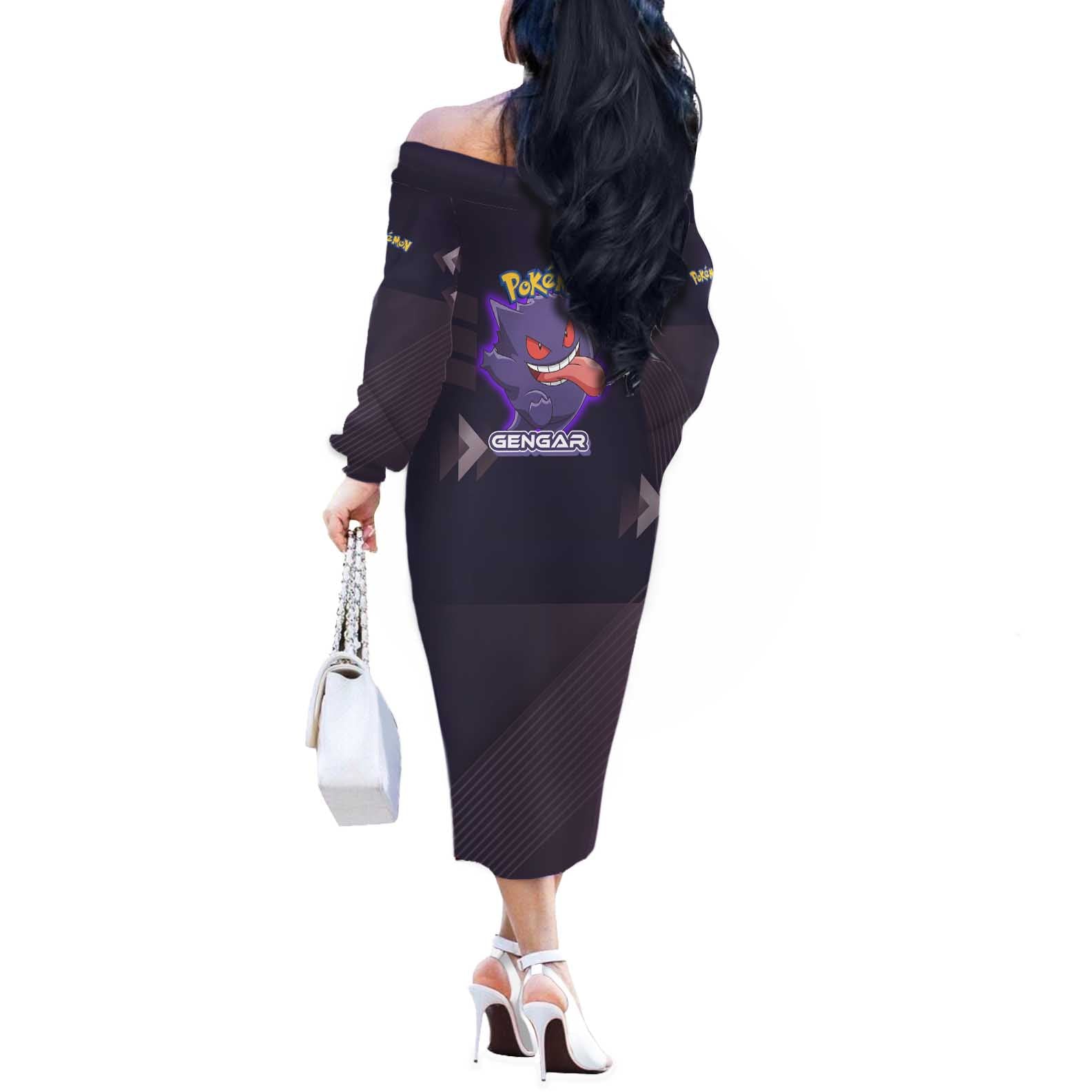 Gengar Poké Off The Shoulder Long Sleeve Dress Neon Shadow Anime Glow Style
