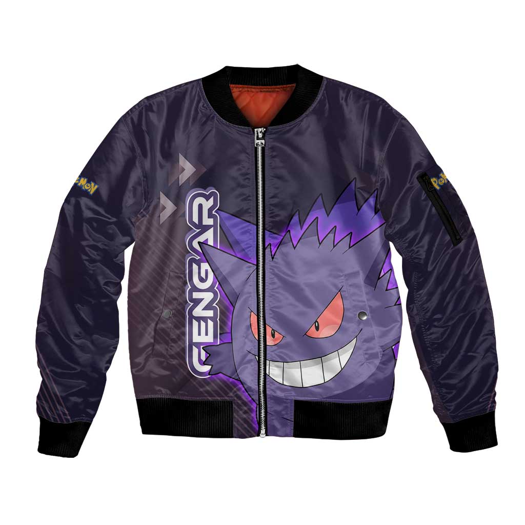 Gengar Poké Sleeve Zip Bomber Jacket Neon Shadow Anime Glow Style