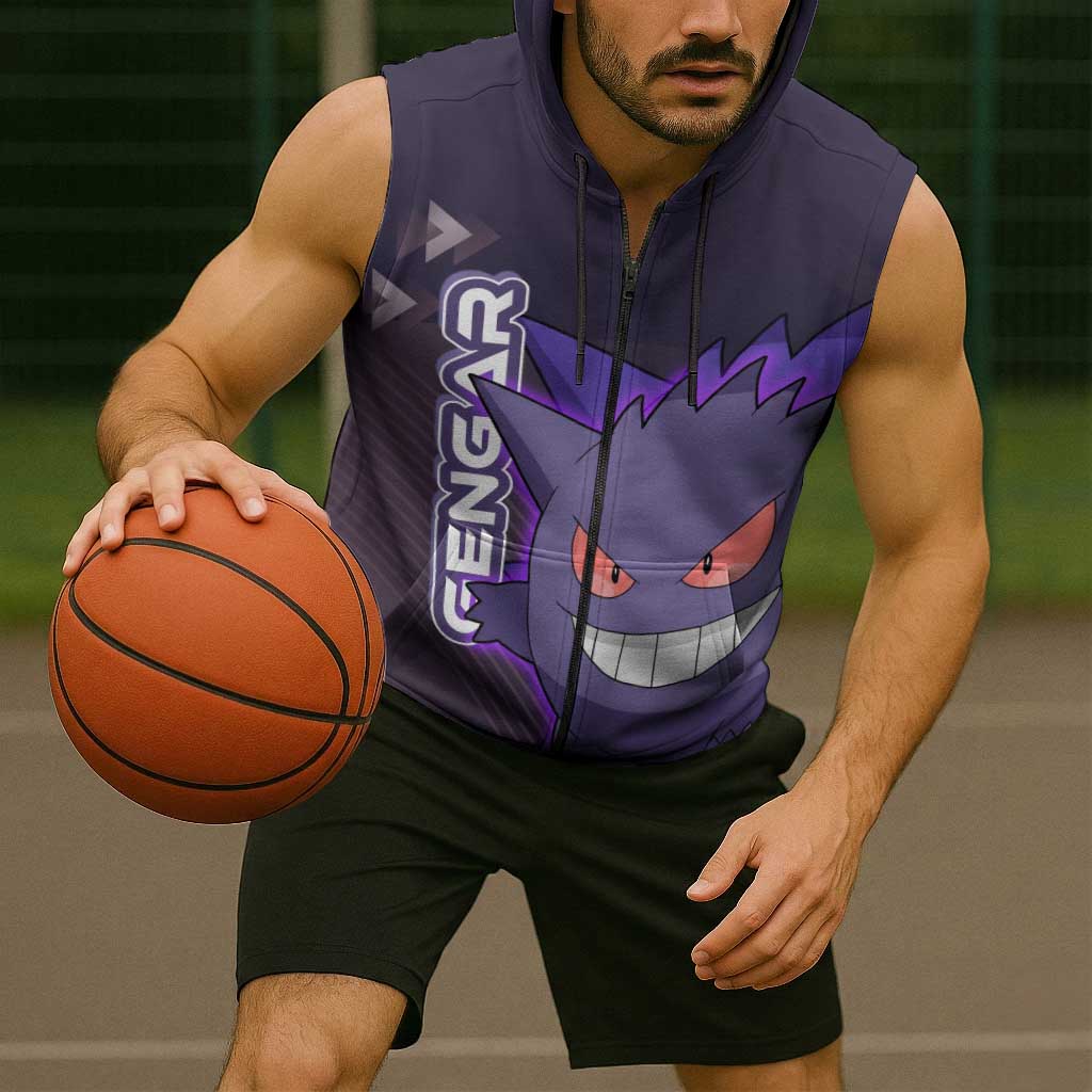 Gengar Poké Sleeveless Zip Hoodie Neon Shadow Anime Glow Style