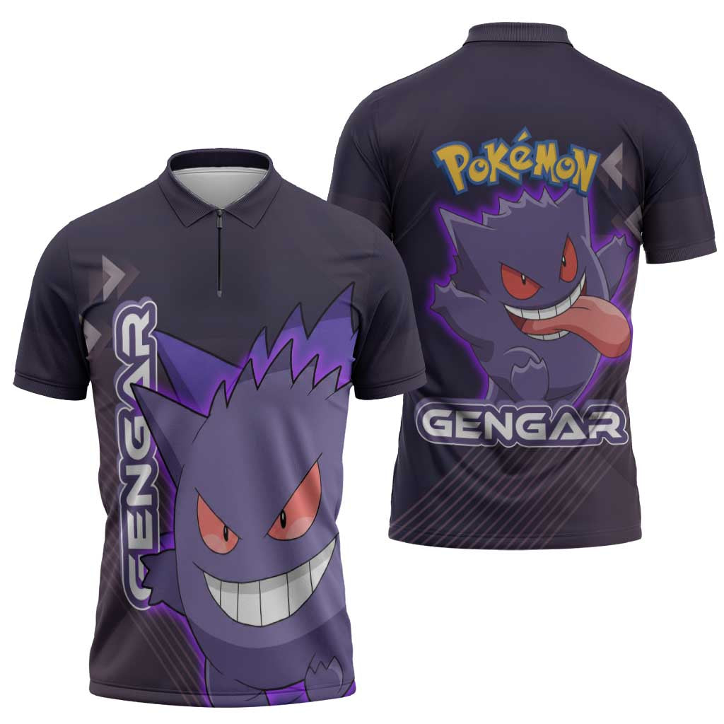 Gengar Poké Zipper Polo Shirt Neon Shadow Anime Glow Style