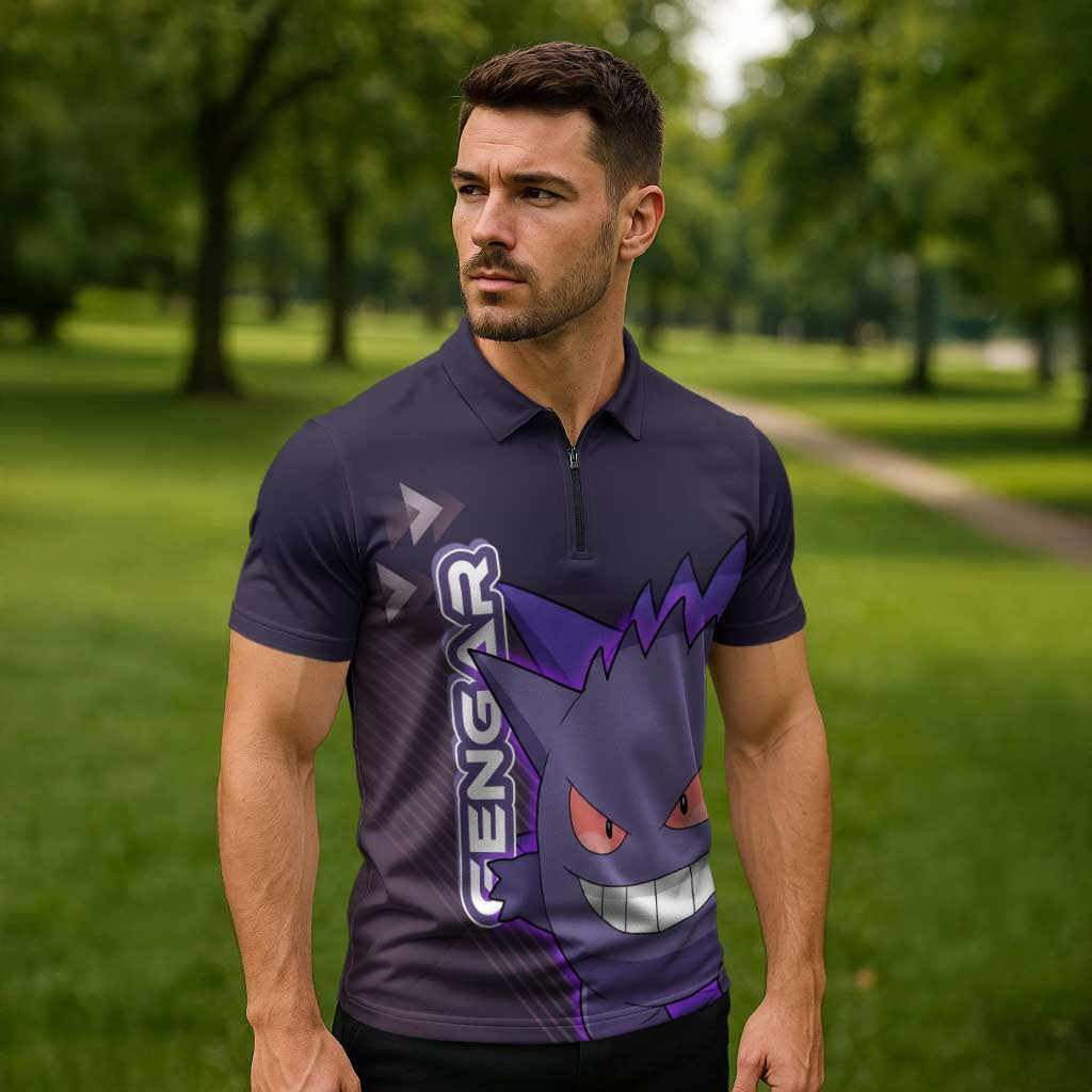 Gengar Poké Zipper Polo Shirt Neon Shadow Anime Glow Style