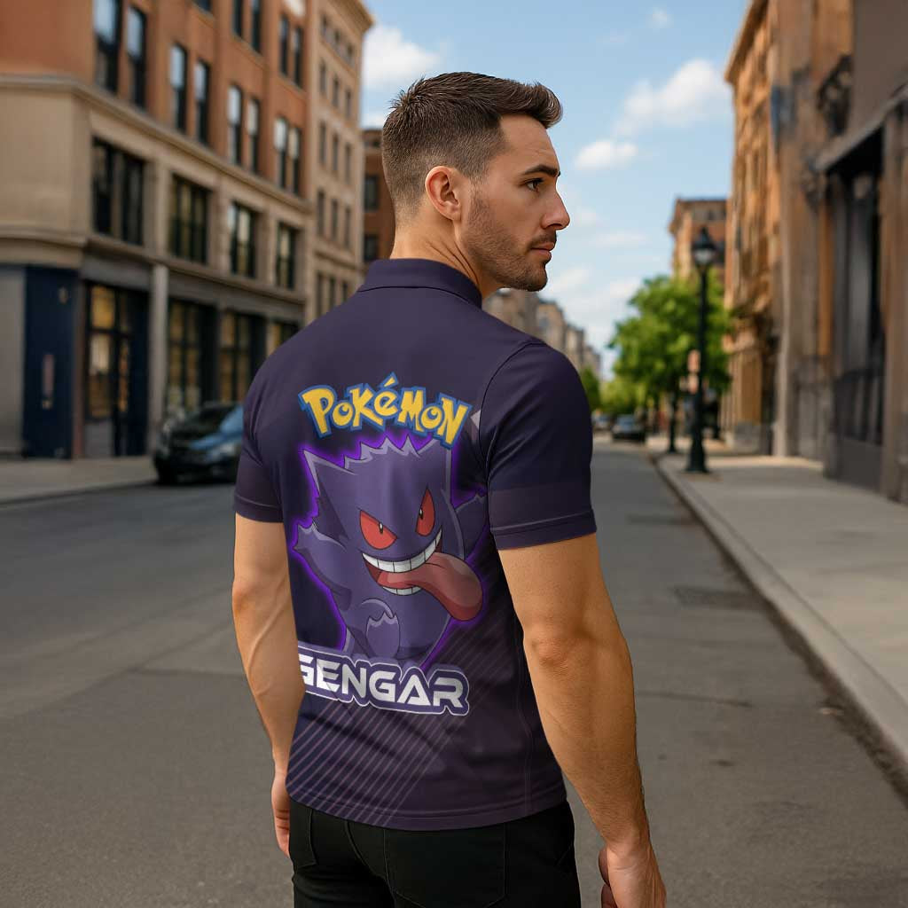 Gengar Poké Zipper Polo Shirt Neon Shadow Anime Glow Style