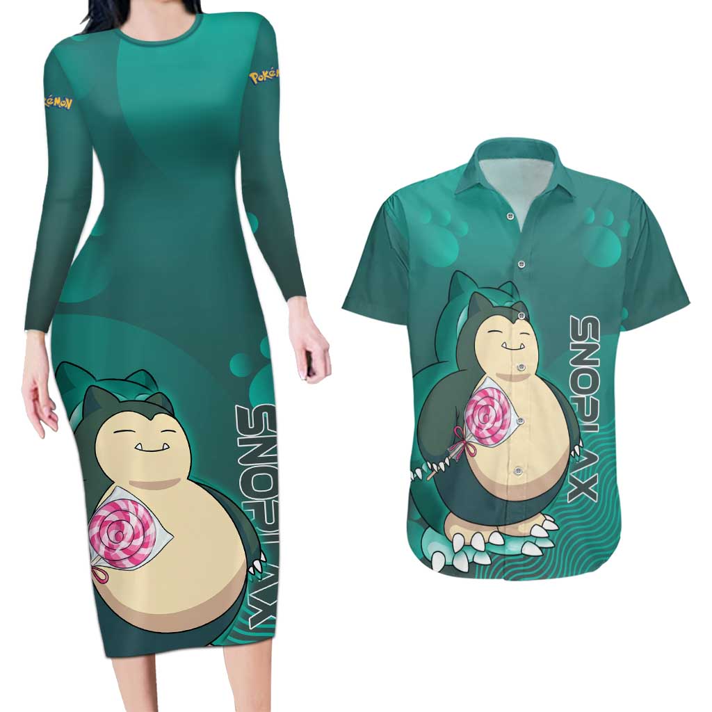 Snorlax Poké Couples Matching Long Sleeve Bodycon Dress and Hawaiian Shirt Chill Mint Cartoon Bubble Style
