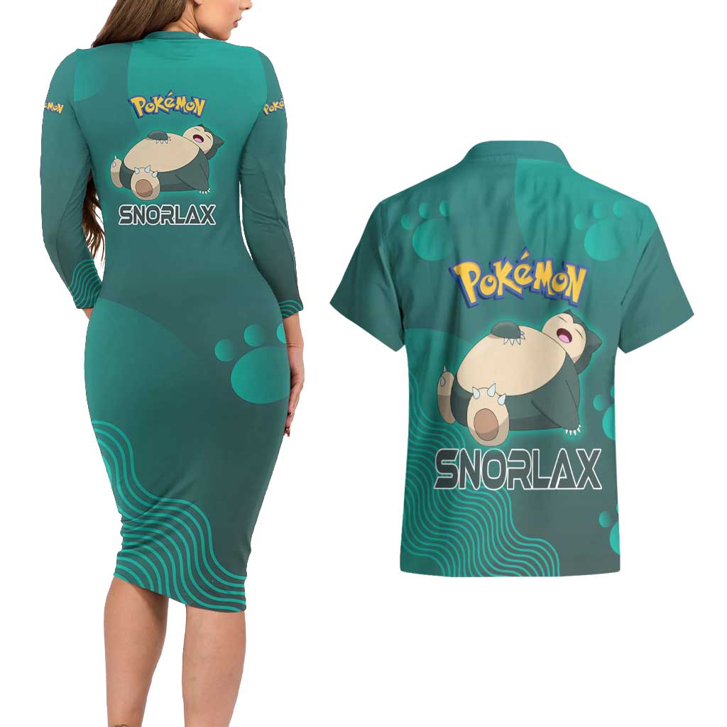 Snorlax Poké Couples Matching Long Sleeve Bodycon Dress and Hawaiian Shirt Chill Mint Cartoon Bubble Style
