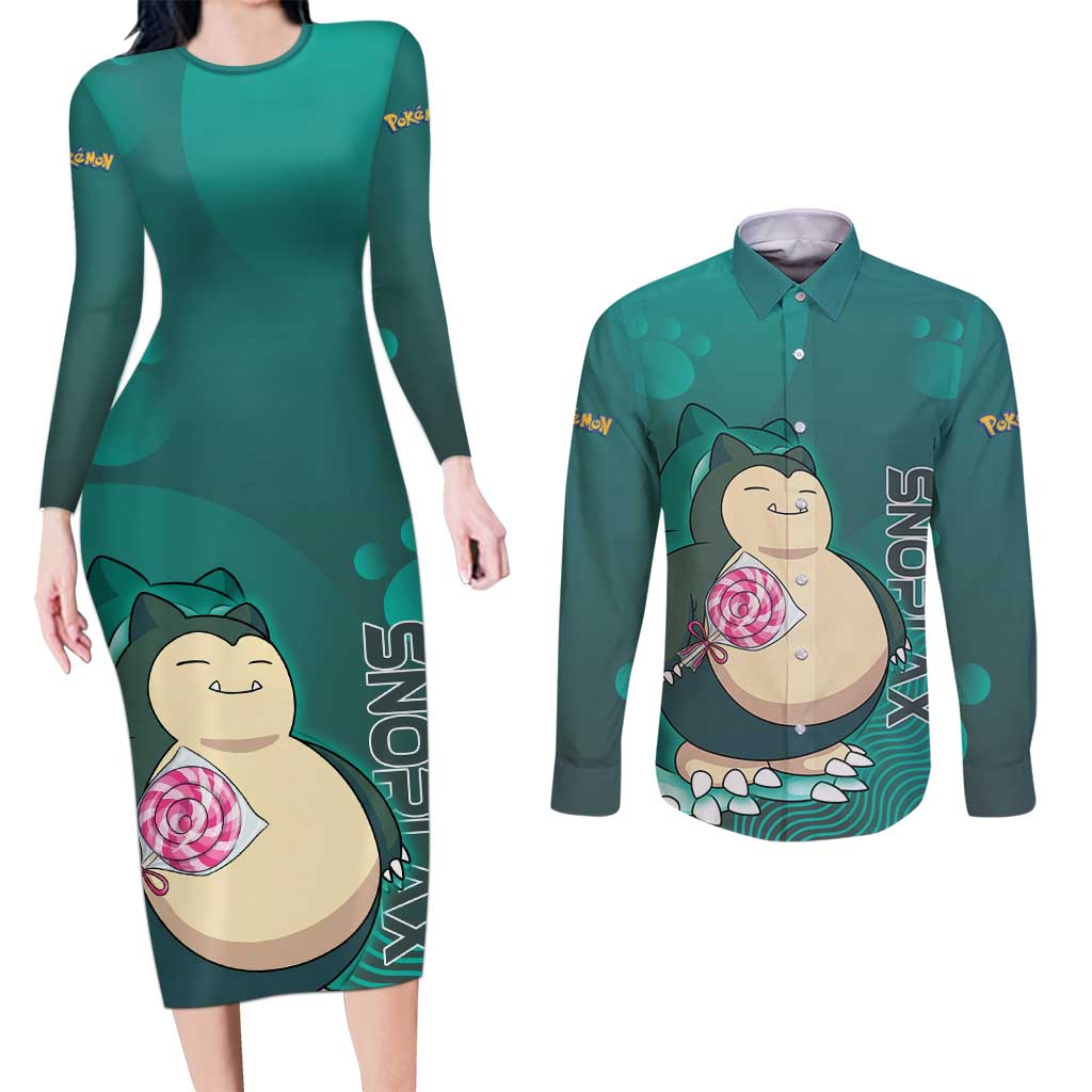 Snorlax Poké Couples Matching Long Sleeve Bodycon Dress and Long Sleeve Button Shirt Chill Mint Cartoon Bubble Style