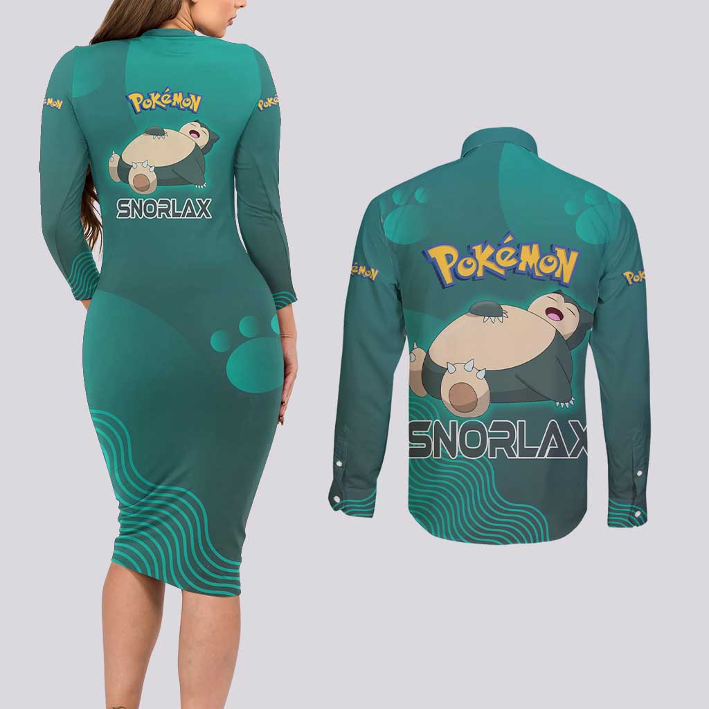 Snorlax Poké Couples Matching Long Sleeve Bodycon Dress and Long Sleeve Button Shirt Chill Mint Cartoon Bubble Style